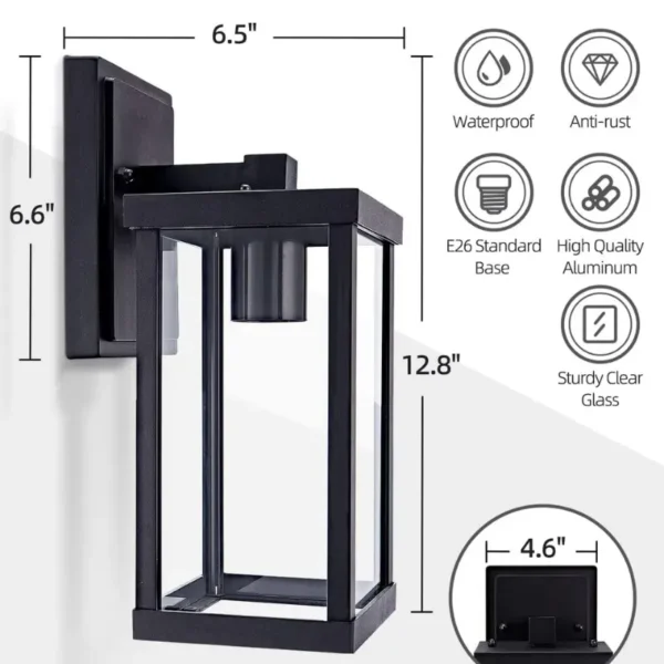outdoor wall light uae | modern black lantern, clear glass, e27 led — waterproof, fast delivery